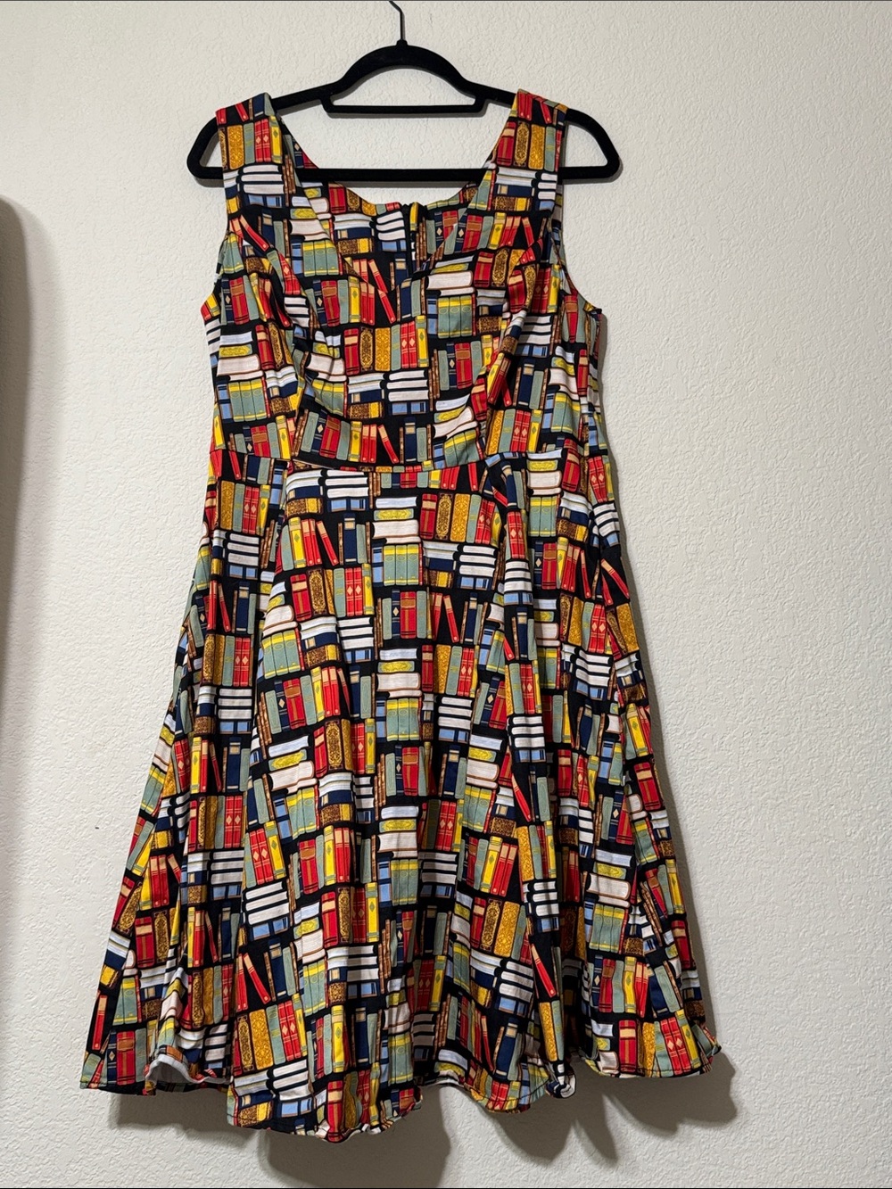 Sleeveless Multicolor Book-Print Fit & Flare Midi Dress